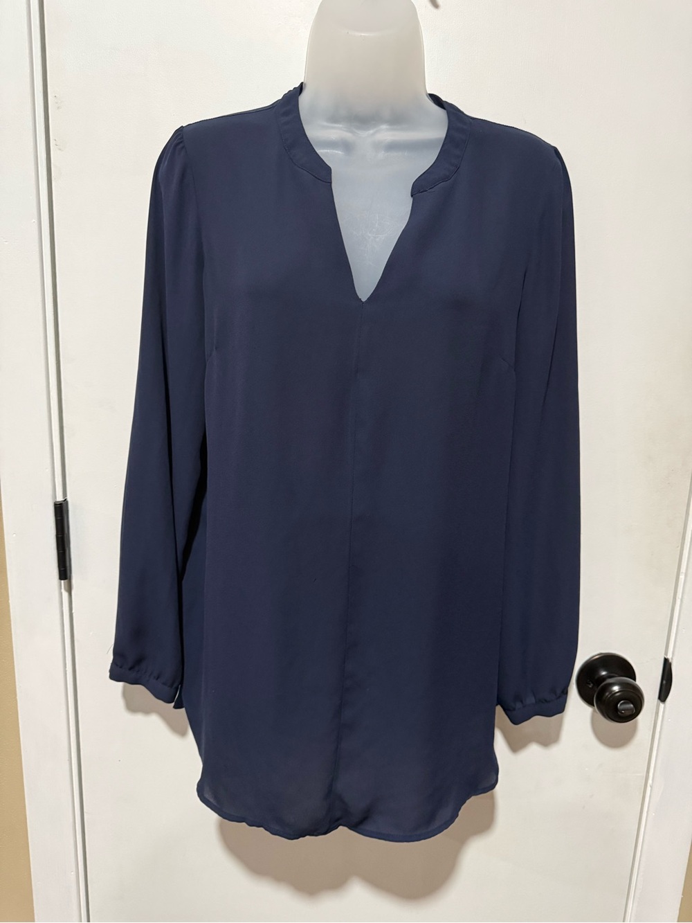 Adrianna Papell Navy Split V-Neck Long-Sleeve Tunic-#1446